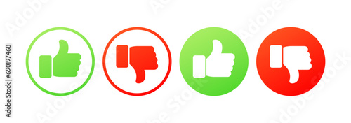 Like and dislike icons. Flat, color, thumbs up and thumbs down set, likes and dislikes icons. Vector icons photo