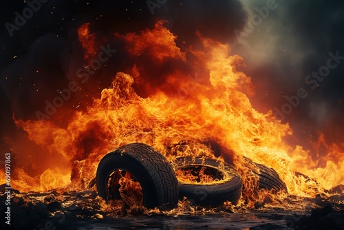 burning old used tires with dark smoke photo
