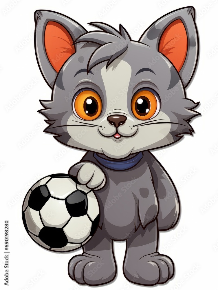 Cartoon sticker cute kitten football player with a soccer ball, AI Cartoon sticker cute kitten football player with a soccer ball, AI