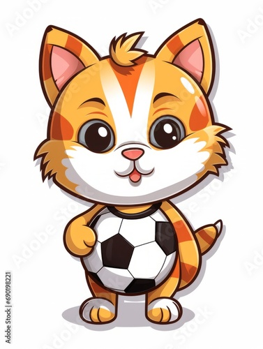 Cartoon sticker cute kitten football player with a soccer ball, AI © Vitalii But