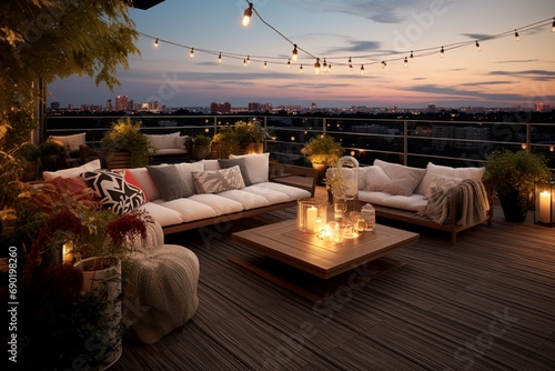 A contemporary rooftop terrace with modern outdoor furniture, the floor featuring a 3D intricate, colorful Aztec pattern, string lights creating a cozy ambiance photo