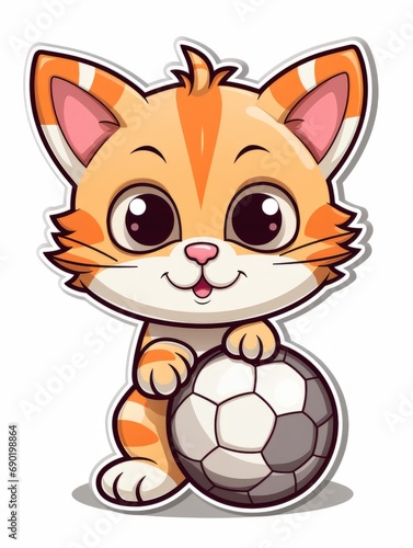 Cartoon sticker cute kitten football player with a soccer ball, AI