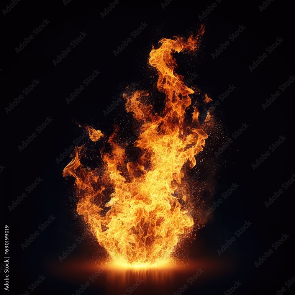 fire flames with glowing particles isolated on black background