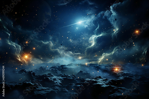 Beautiful hyperealistic only light blue night sky . with a big moon and bright stars. AI generative