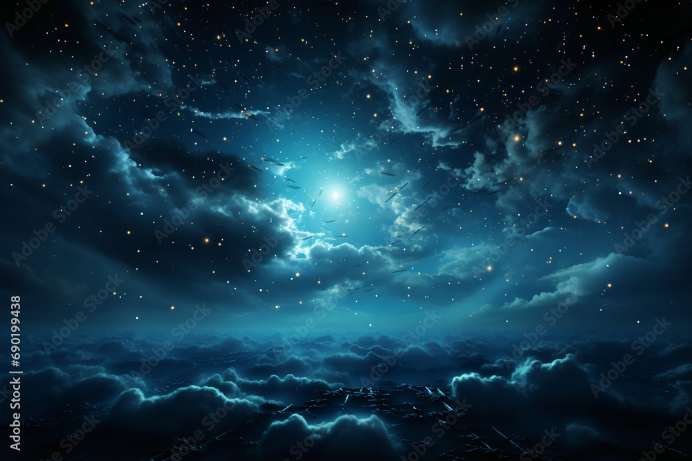 Beautiful hyperealistic only light blue night sky . with a big moon and bright stars. AI generative