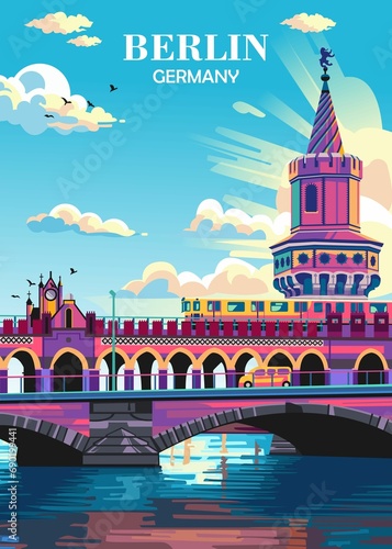 Travel Poster Berlin Germany  with Oberbaum Bridge background photo