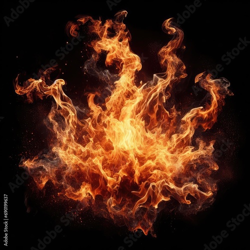fire flames with glowing particles isolated on black background