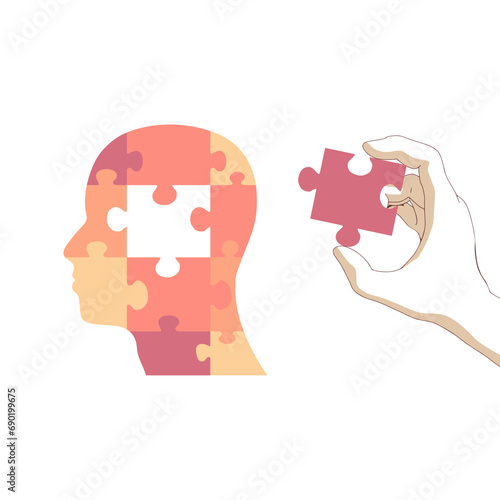 Empathy and emotional feeling support with understanding about other people problem situations person. Help in relationship crisis with psychological therapy. Behavior correction metaphor. Puzzle head