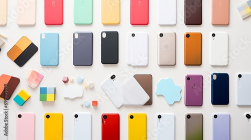 Smartphone surrounded by a range of colorful interchangeable covers, all laid out against a white studio backdrop.