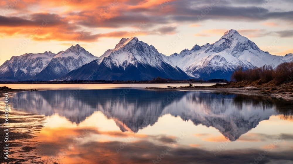 A serene lake surrounded by towering snow-capped mountains, reflecting the hues of the setting sun - AI Generative