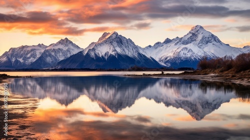 A serene lake surrounded by towering snow-capped mountains  reflecting the hues of the setting sun - AI Generative