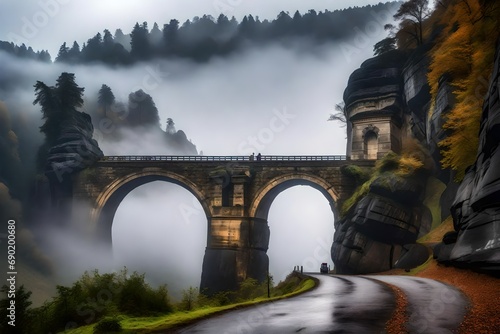 **misty foggy landscape of the  pravcicka gate (pravcicka brana) the largest natural sandstone arch in europe in czech switzerland (bohemian switzerland or ceske svycarsko) national park photo