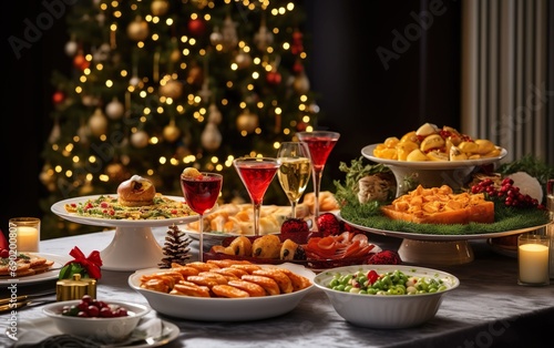 Christmas Dinner table full of dishes