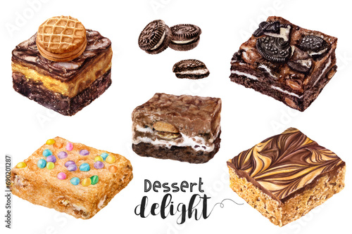 Watercolor illustration of sweet dessert close up. Design template for packaging, menu, postcards.