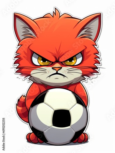 Cartoon sticker angry kitten football player with a soccer ball, AI © Vitalii But