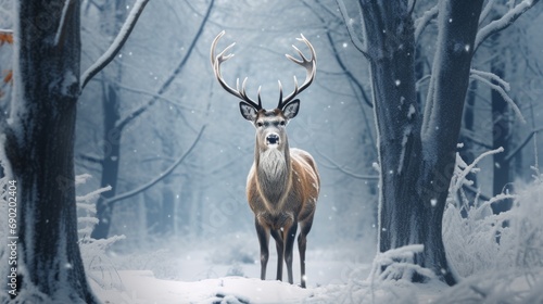 deer is walking through a snowy forest