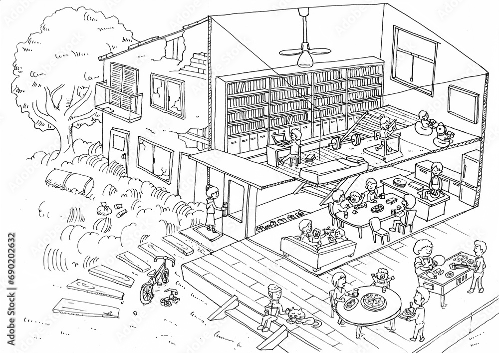 空き家を利活用してシェアハウスにリノベーションしたビフォーアフターの線画イラスト