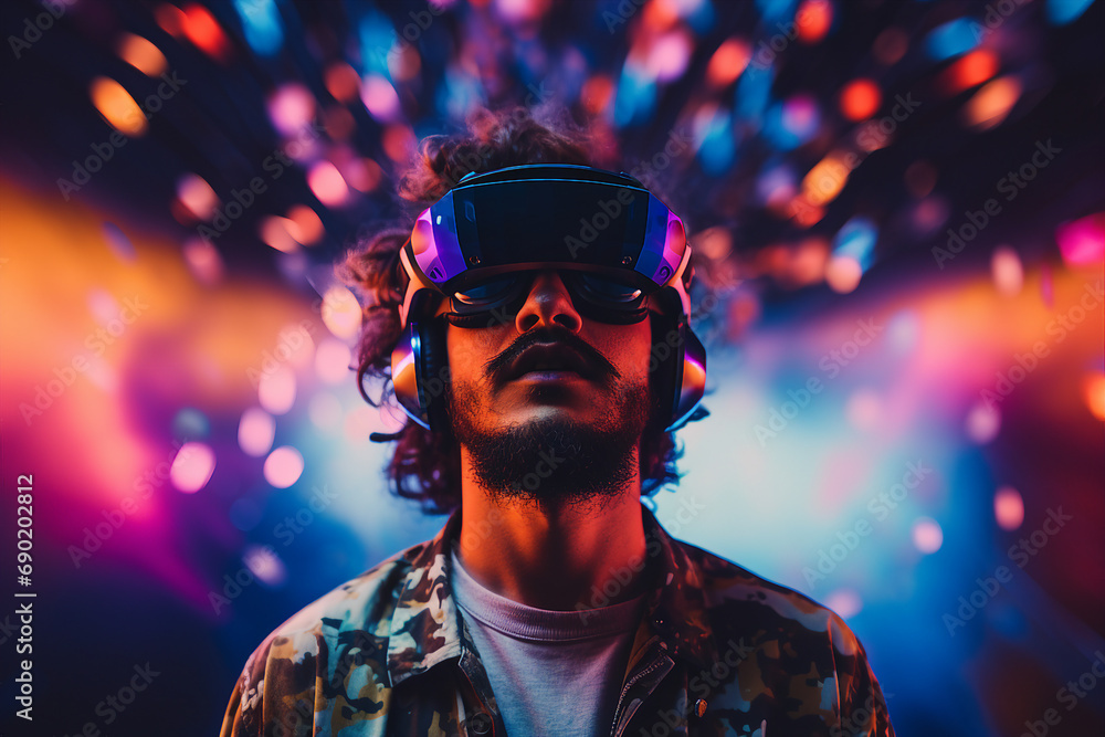 Youngster watching 3d object in virtual world fun cheerful vr glasses goggles generative ai Youngster watching 3d object in virtual world fun cheerful vr glasses goggles generative ai