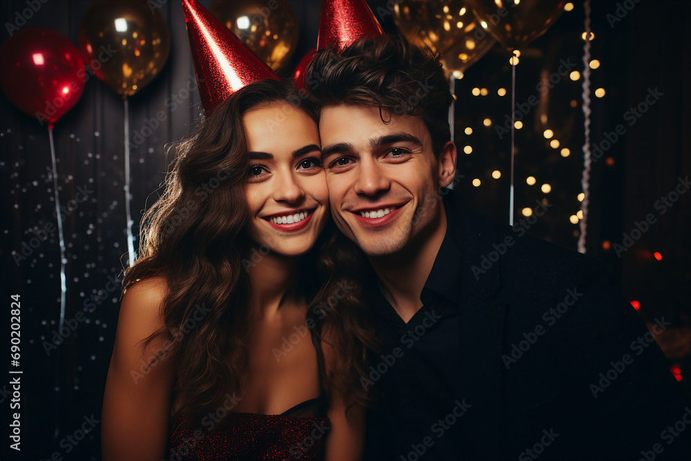 Fototapeta premium Excited festive young couple celebrating new year christmas party elegant outfit Generative AI portrait