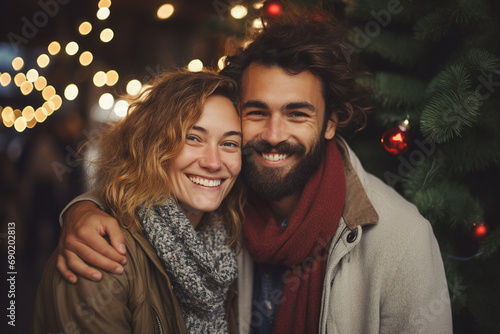 Young excited couple celebrating new year christmas fair atmosphere night Generative AI portrait