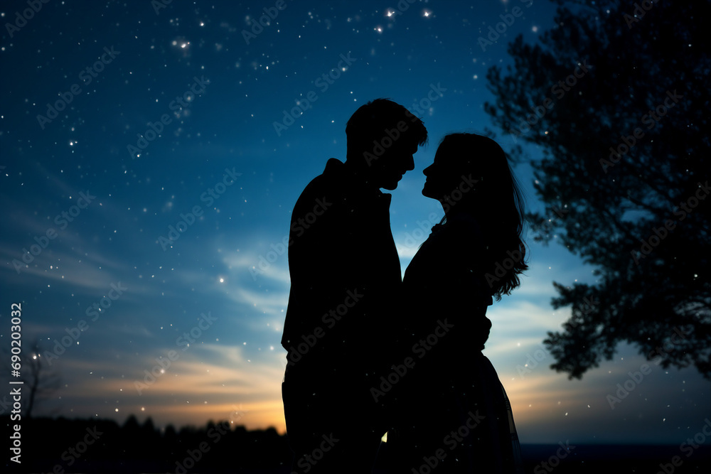 Generative AI image of dreamy romantic scene of loving people on a starry night
