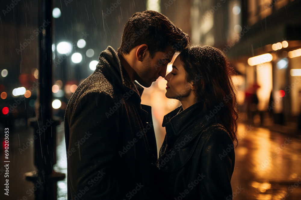 Generative AI image of dreamy romantic scene of loving people walking in evening city Generative AI image of dreamy romantic scene of loving people walking in evening city