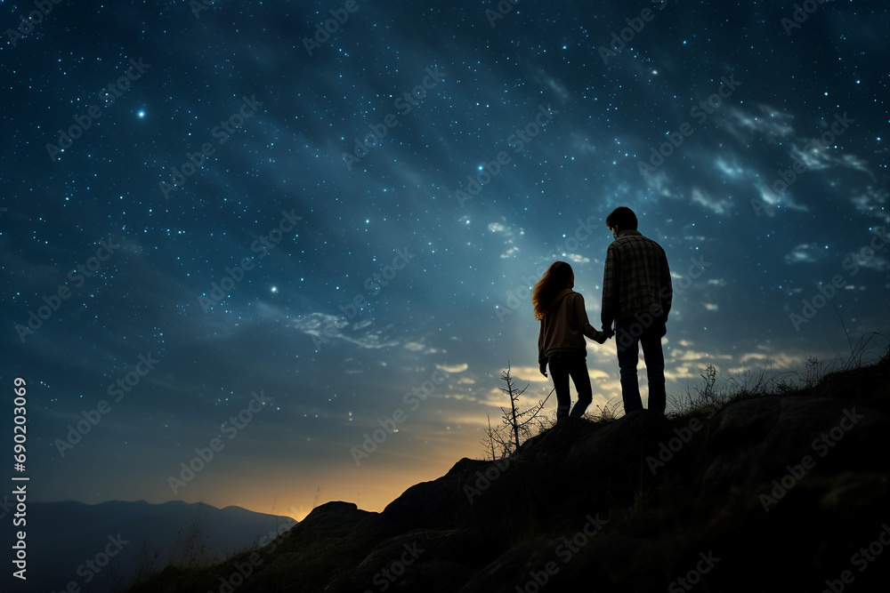 Generative AI image of dreamy romantic scene of loving people on a starry night Generative AI image of dreamy romantic scene of loving people on a starry night