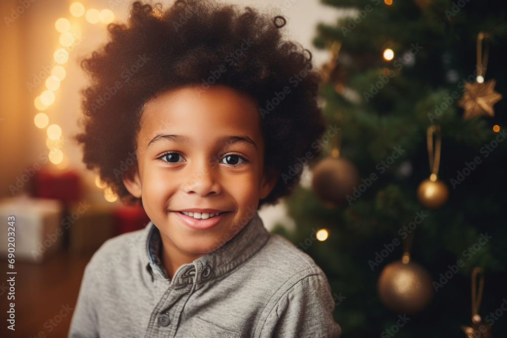 Generative AI happy child decorated christmas tree christmas gifts festive indoor living room magic Generative AI happy child decorated christmas tree christmas gifts festive indoor living room magic