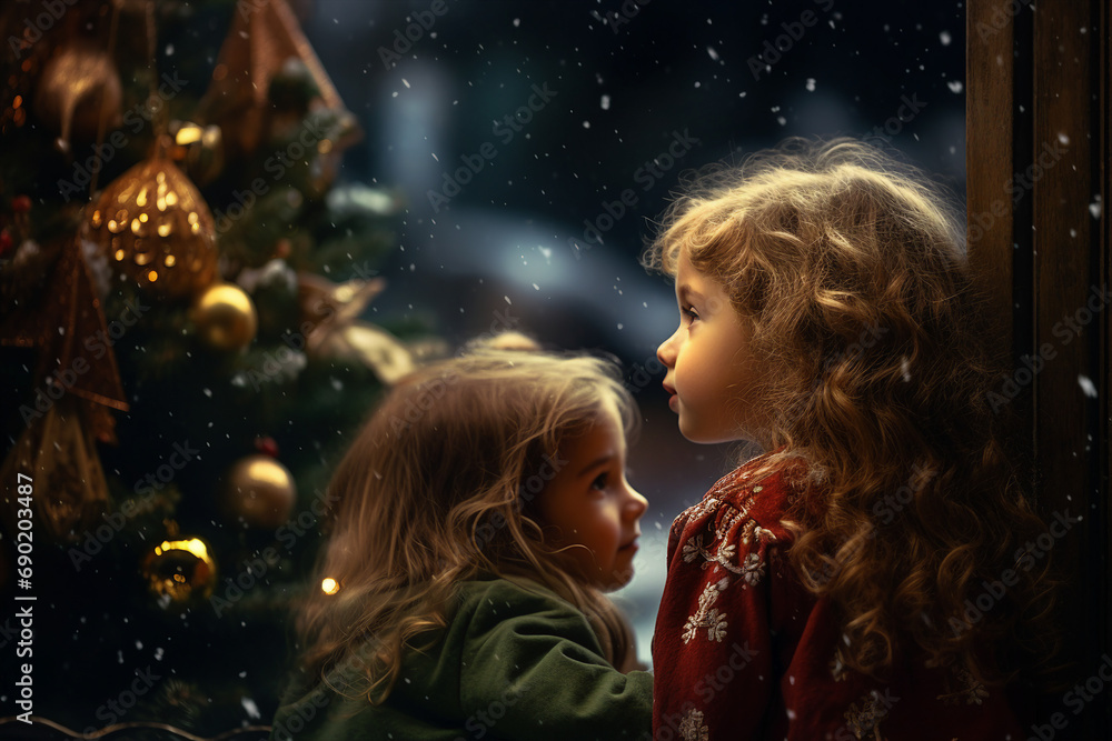 Generative ai portrait of funny joyful children celebrating new year on the background of christmas lights Generative ai portrait of funny joyful children celebrating new year on the background of christmas lights
