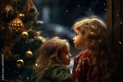 Generative ai portrait of funny joyful children celebrating new year on the background of christmas lights