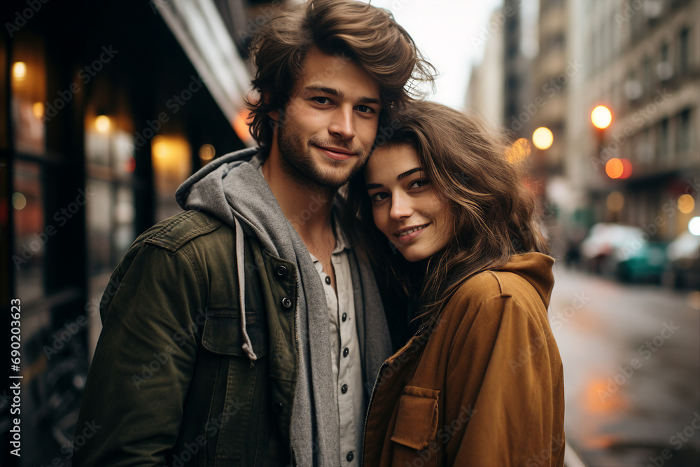 AI generated image of cheerful happy couple having fun walking on city street AI generated image of cheerful happy couple having fun walking on city street