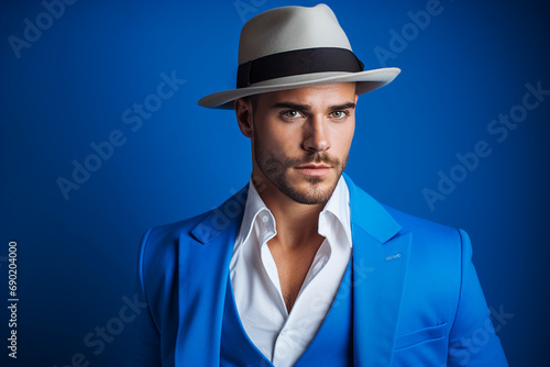 Generative AI photography magazine edition of attractive man popular star isolated on blue background
