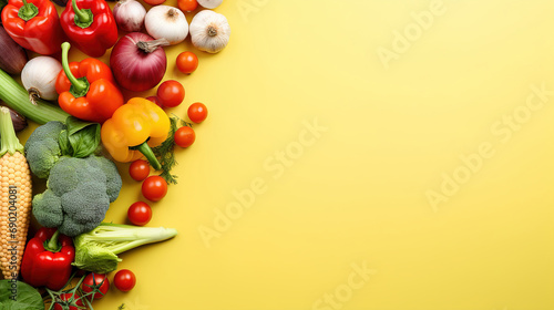 Flatlay of fresh vegetables on yellow background