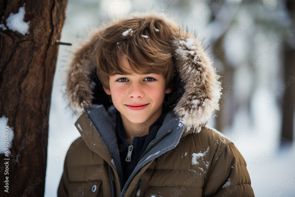 Generative AI portrait of young cute boy teenager in snowy forest tree magic atmosphere Generative AI portrait of young cute boy teenager in snowy forest tree magic atmosphere
