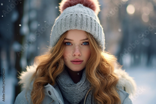 AI generated portrait of cheerful adult girl walking in winter city enjoying adventure