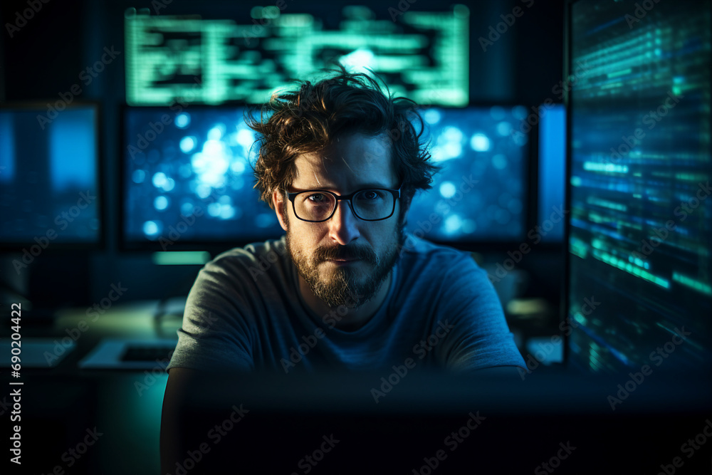 Generative AI conceptual portrait of successful business person man woman hacker programmer in office Generative AI conceptual portrait of successful business person man woman hacker programmer in office
