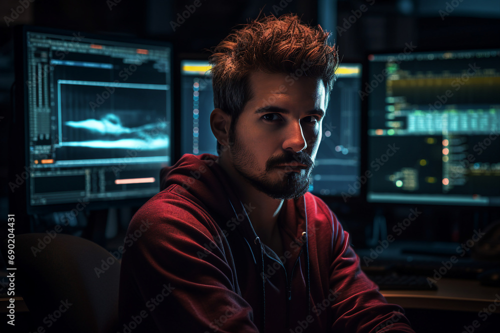 Generative AI conceptual portrait of successful business person man woman hacker programmer in office Generative AI conceptual portrait of successful business person man woman hacker programmer in office