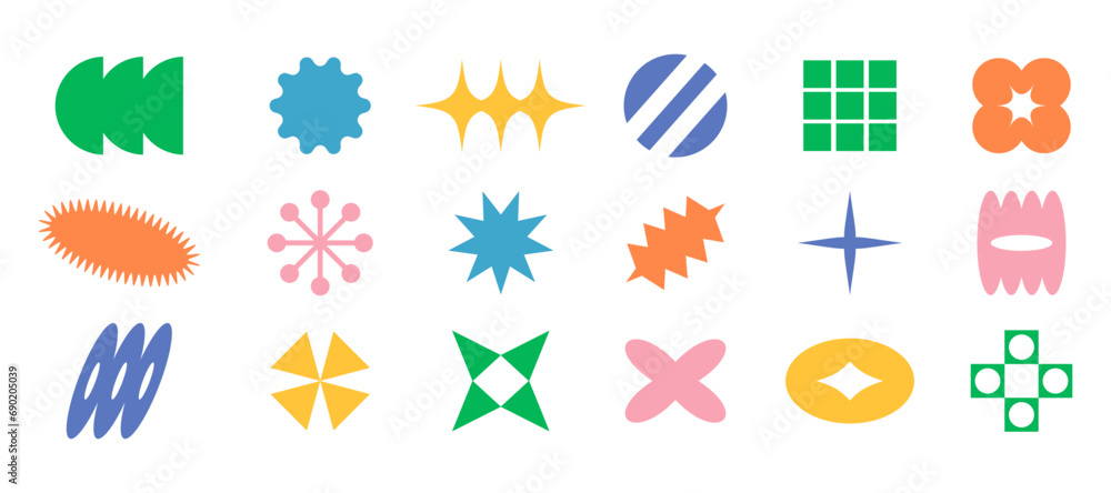 Set of geometric modern brutalist shapes. Abstract retro icons and symbols in y2k style. Modern minimalist elements swiss style, abstract bold primitive design. Y2K elements set. Set of geometric modern brutalist shapes. Abstract retro icons and symbols in y2k style. Modern minimalist elements swiss style, abstract bold primitive design. Y2K elements set.