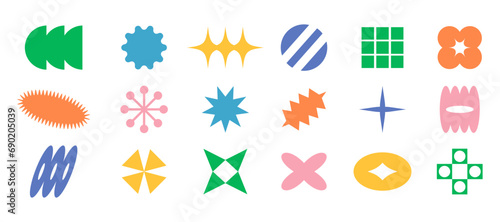 Set of geometric modern brutalist shapes. Abstract retro icons and symbols in y2k style. Modern minimalist elements swiss style, abstract bold primitive design. Y2K elements set.
