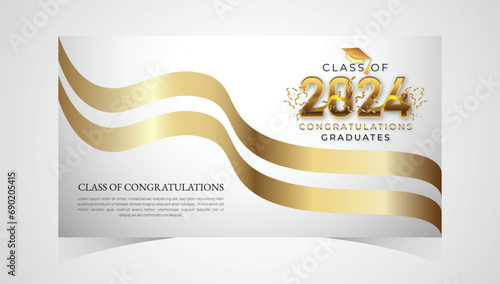 Class of 2024 Congratulations Graduates. Academic Cap and Diploma Graduation Ceremony. Vector Template for Senior Class of University, Year 2024 Banner, Party, High School or College Graduate photo