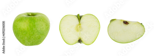 green apple fruit, halves, and slice isolated on white background,