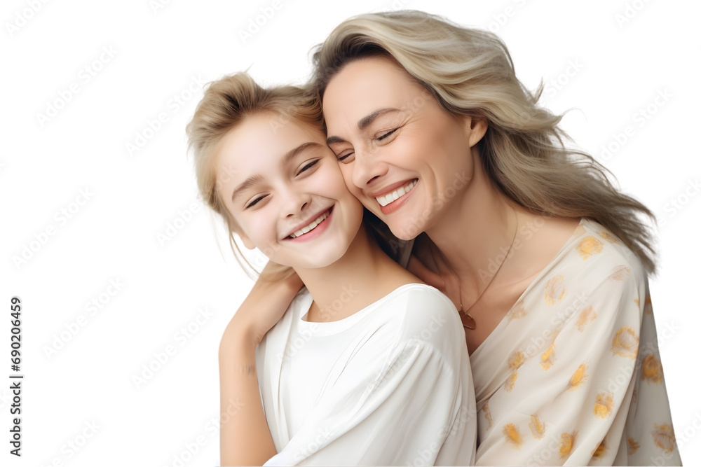 Happy, hug and loving of a mother and woman isolated on the white background. Generative Ai. Happy, hug and loving of a mother and woman isolated on the white background. Generative Ai.