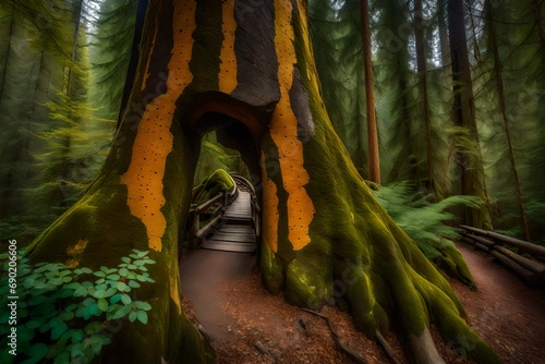 **colorful tree trunk and boulder mark entrance to footbridge on the capilano pacific trail, north vancouvr