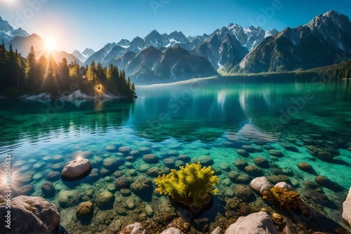 great summer morning on the eibsee lake with zugspitze mountain range. sunny outdoor scene in german alps, europe, beauty of nature © Mazhar