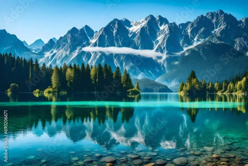great summer morning on the eibsee lake with zugspitze mountain range. sunny outdoor scene in german alps, europe, beauty of nature