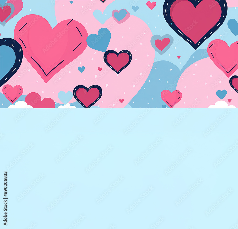Valentines Day greeting card with red and pink hearts on baby blue background with copy space