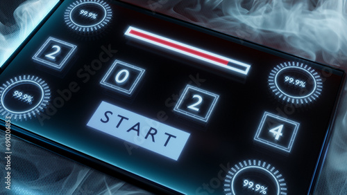Obraz na płótnie Close up, futuristic glass screen with red progress bar and number 2024. Technical concept for countdown to new year. System error, smoke. Happy new year, 2024. 3D rendering. w salonie