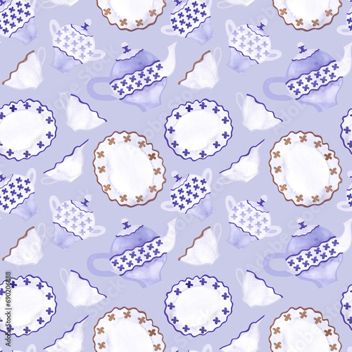 Breakfast: tea, coffee, croissants, muffins, kettle, cups. Seamless watercolor pattern on a blue background.