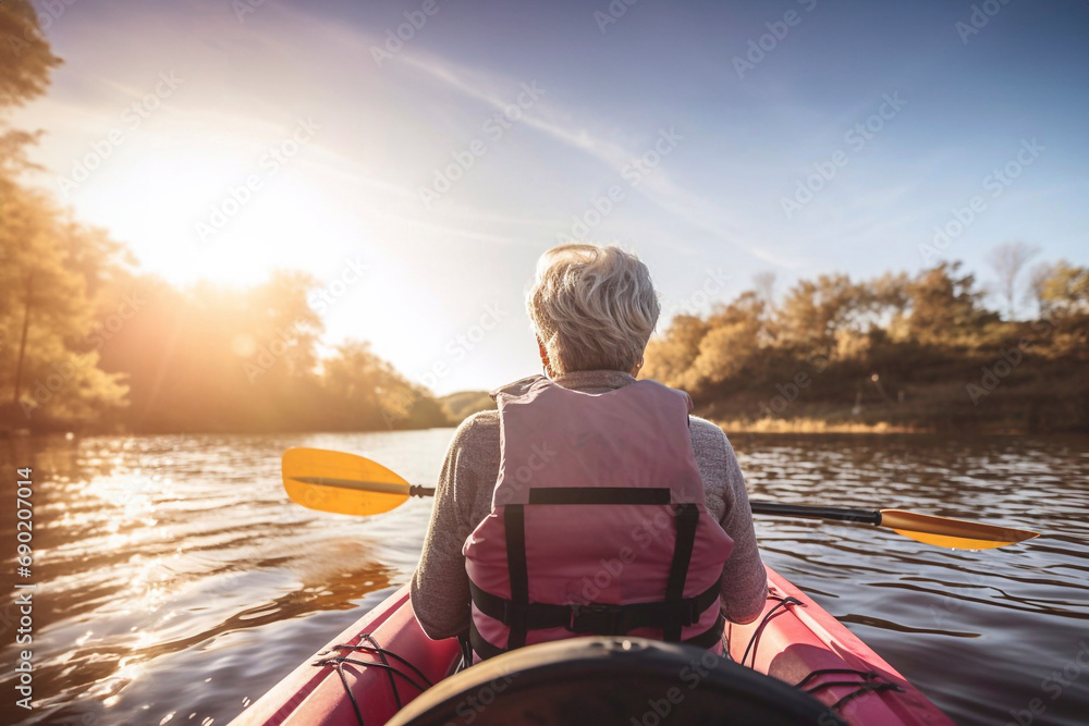 Senior woman kayaking  in the river. Healthy elders enjoying summer day outdoors. Sportive people having fun at the nature. Active retirement concept. - obrazy, fototapety, plakaty 