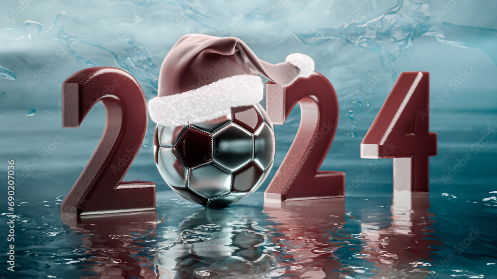 Close up view of 2024 number. Red text and soccer balls on the turquoise reflective ground. Ball with santa hat. New Year Sign. Sport concept. Happy new year 2024. 3D rendering.
